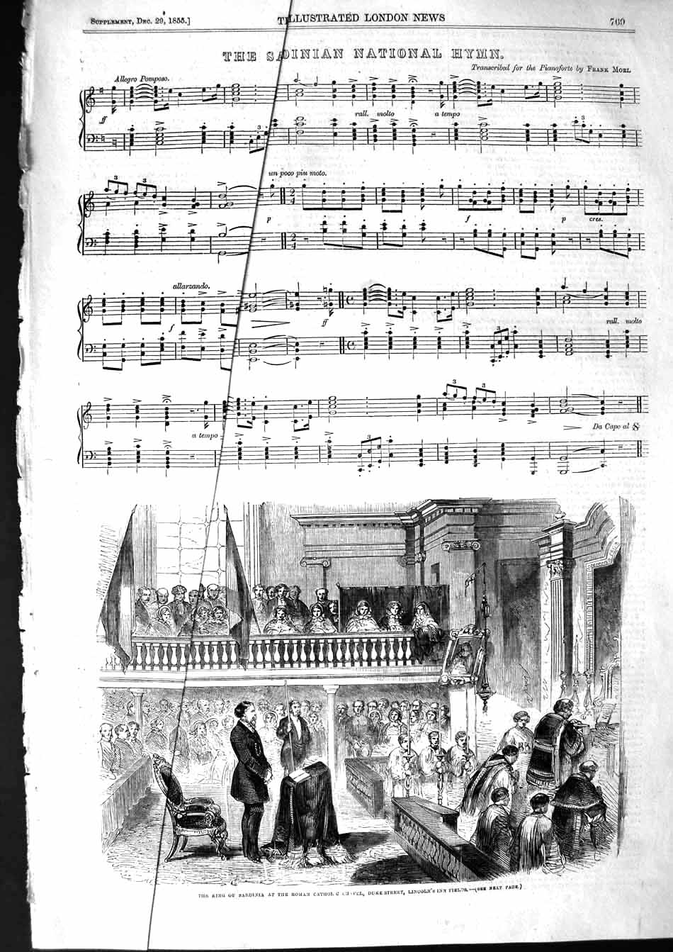 Old Antique Print 1855 King Sardinia Catholic Chapel Lincoln'S Inn Hymn 19th