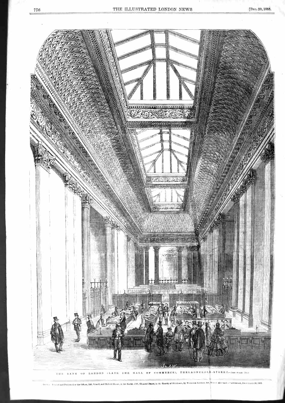 Antique Old Print *3197 1855 Bank London Hall Commerce Threadneedle Street