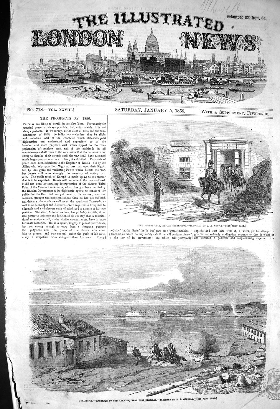 Original Old Antique Print 1856 Phoros Gate Sebastopol Harbour Fort Nicholas