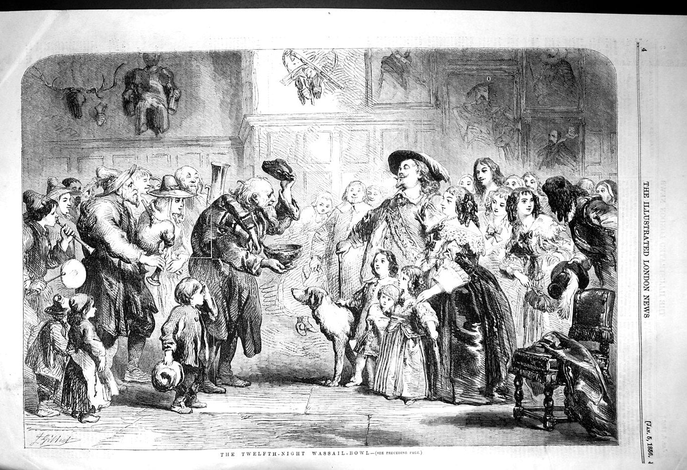 Original Old Antique Print 1856 Twelfth Night Wassail Bowl Children Dog 19th