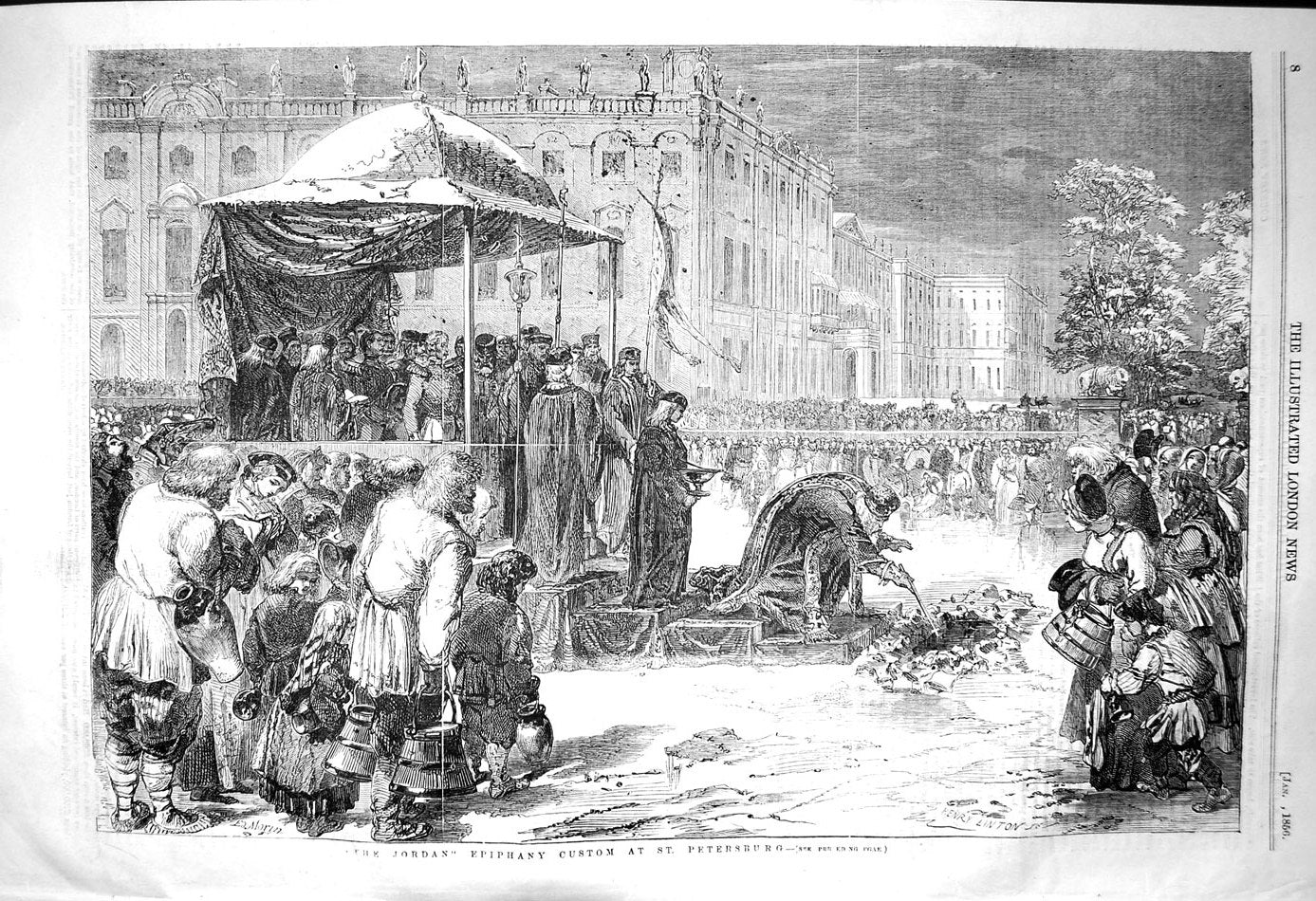 Original Old Antique Print 1856 Jordan Epiphany Custom St. Petersburg Russia