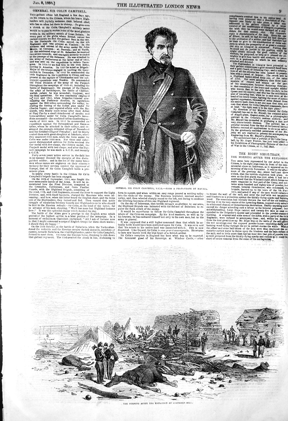 Original Old Antique Print 1856 General Colin Campbell Explosion Inkerman Mill
