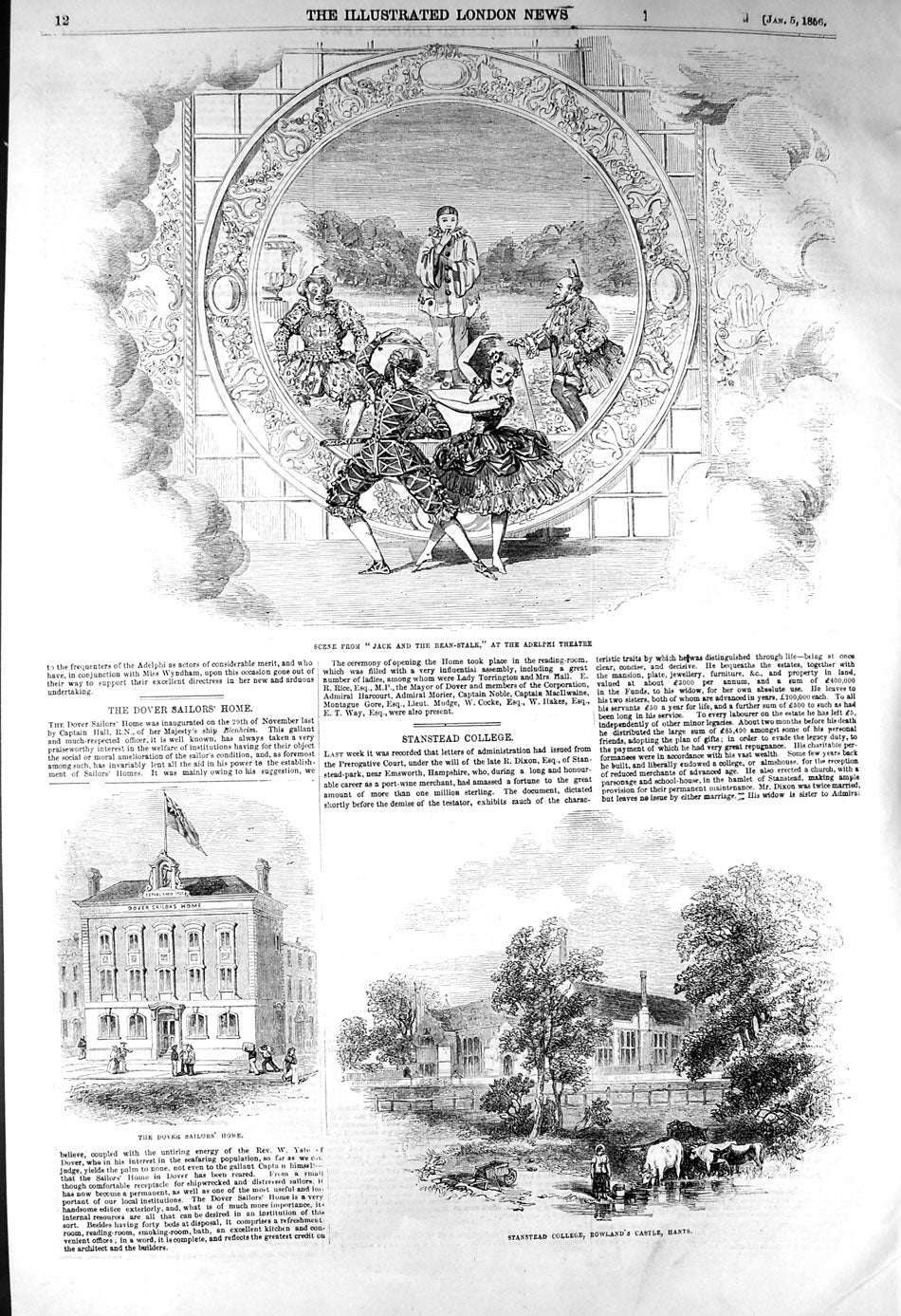 Old Antique Print 1856 Jack Beanstalk Theatre Stanstead College Sailors 19th
