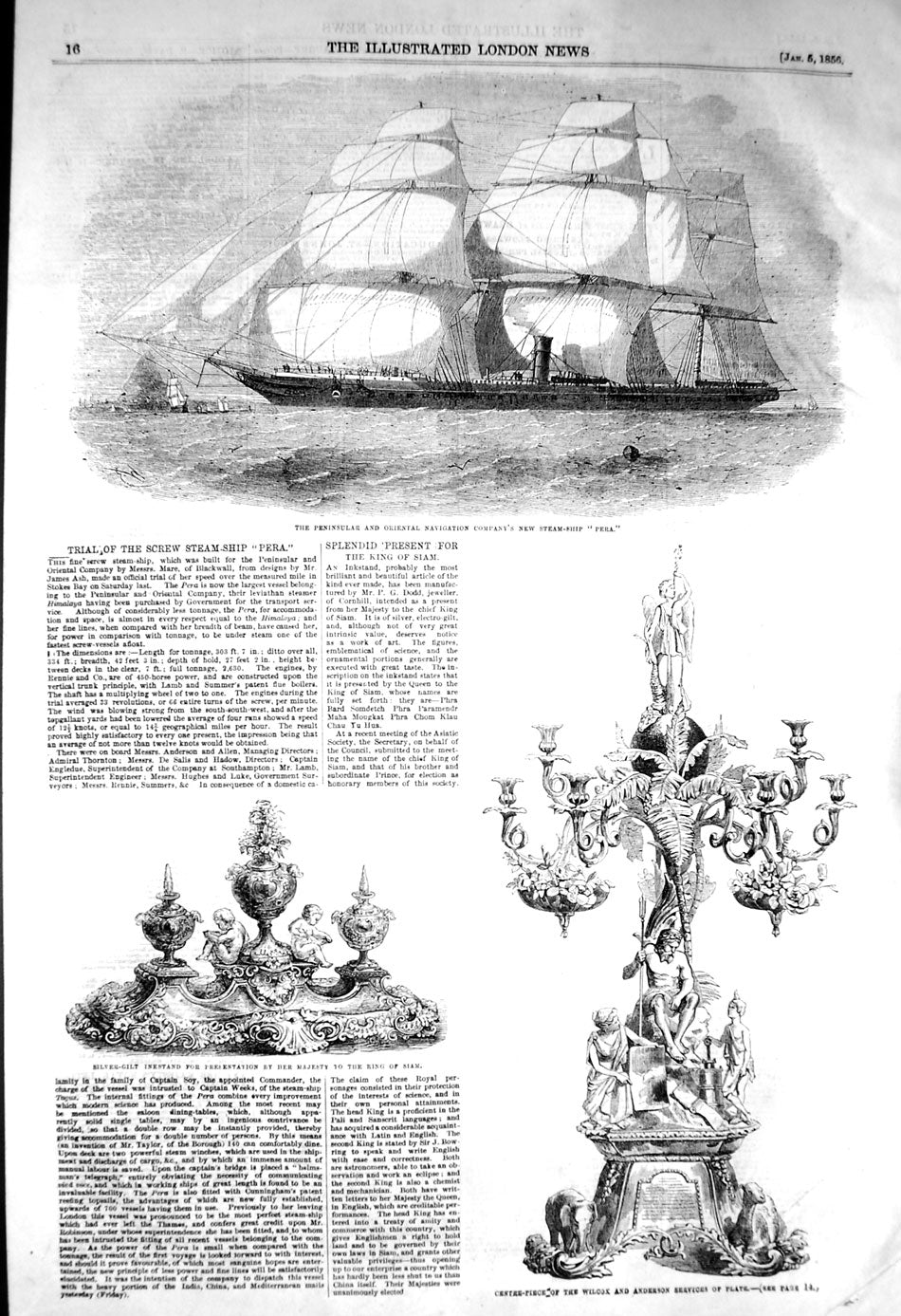 Old Antique Print 1856 Steam Ship Pera Inkstand King Siam Wilcox Anderson 19th