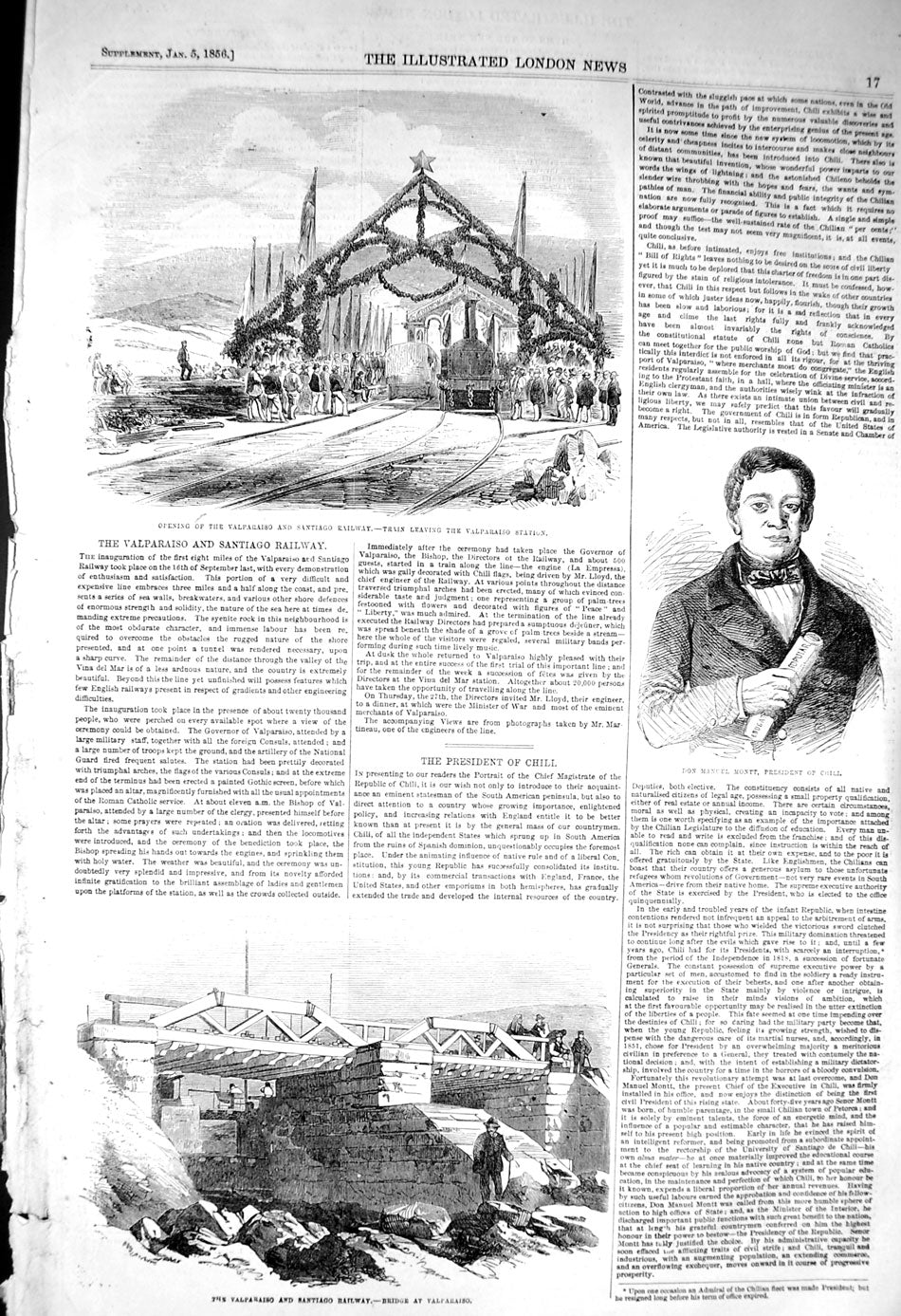 Old Antique Print 1856 Valparaiso Santiago Railway Train Don Montt Chili 19th