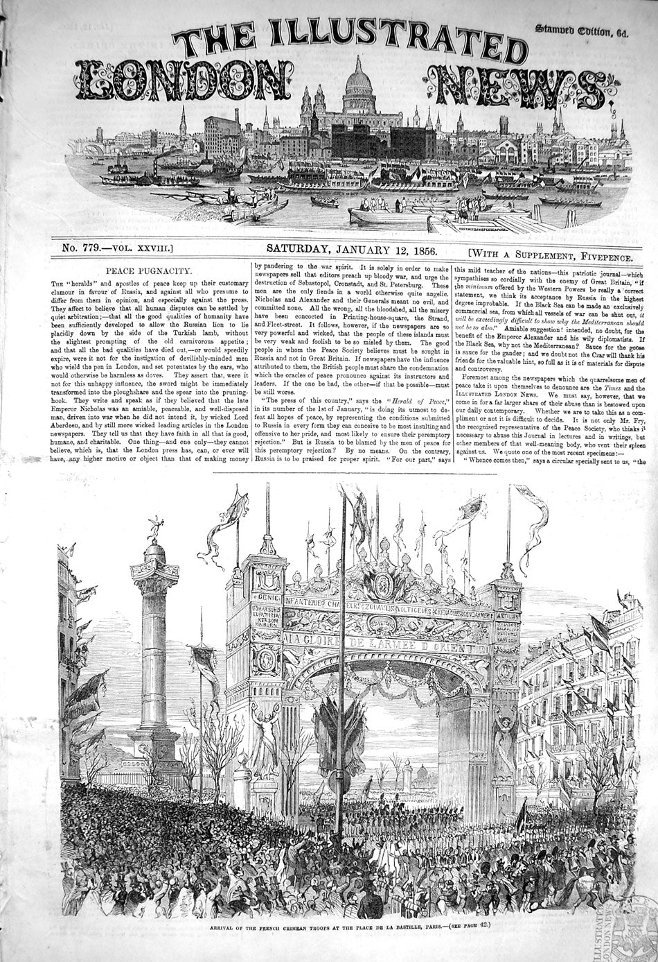 Original Old Antique Print 1856 French Crimea Troops Place De La Bastille Paris