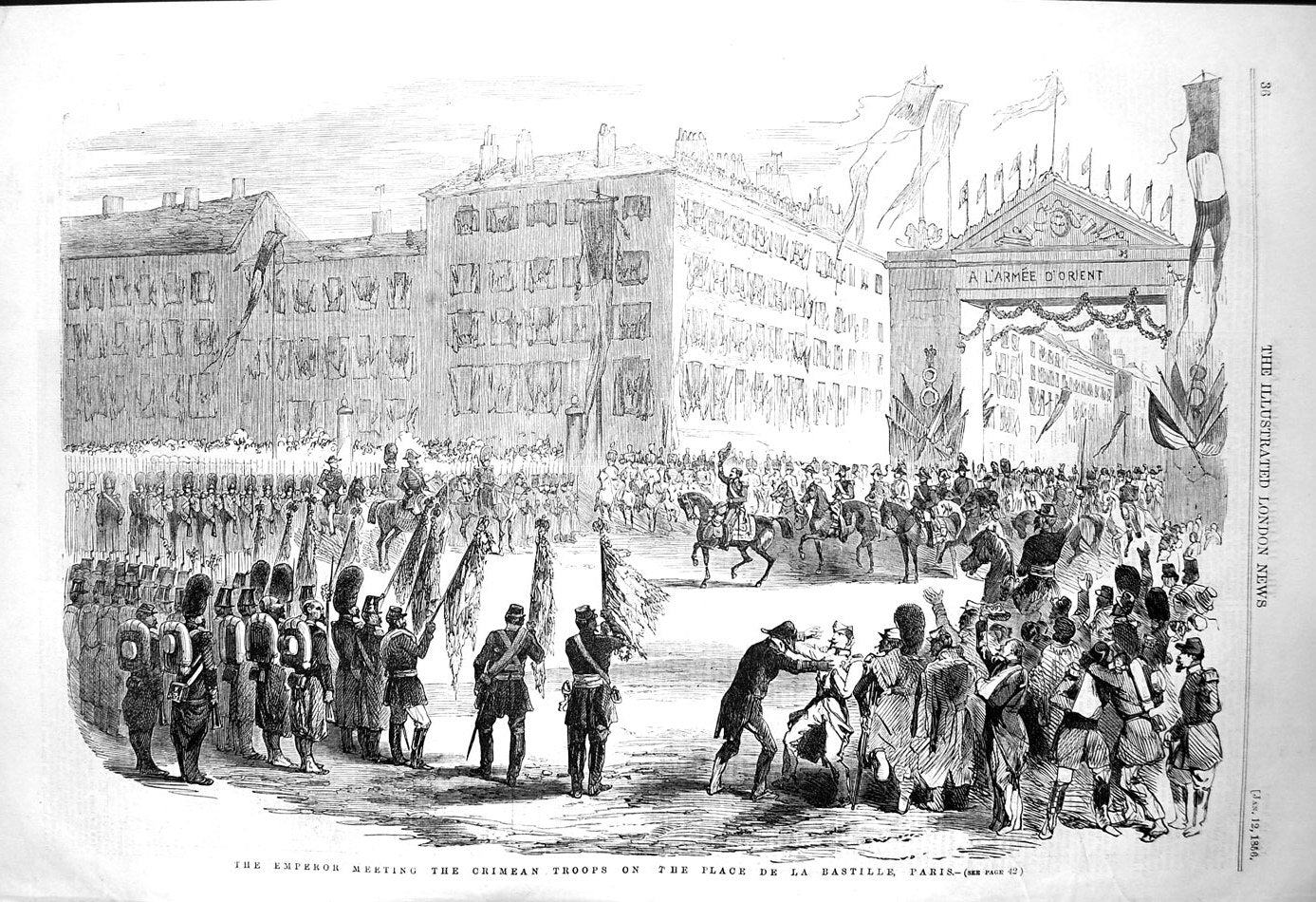 Old Antique Print 1856 Emperor Crimean Troops Place De La Bastille Paris 19th