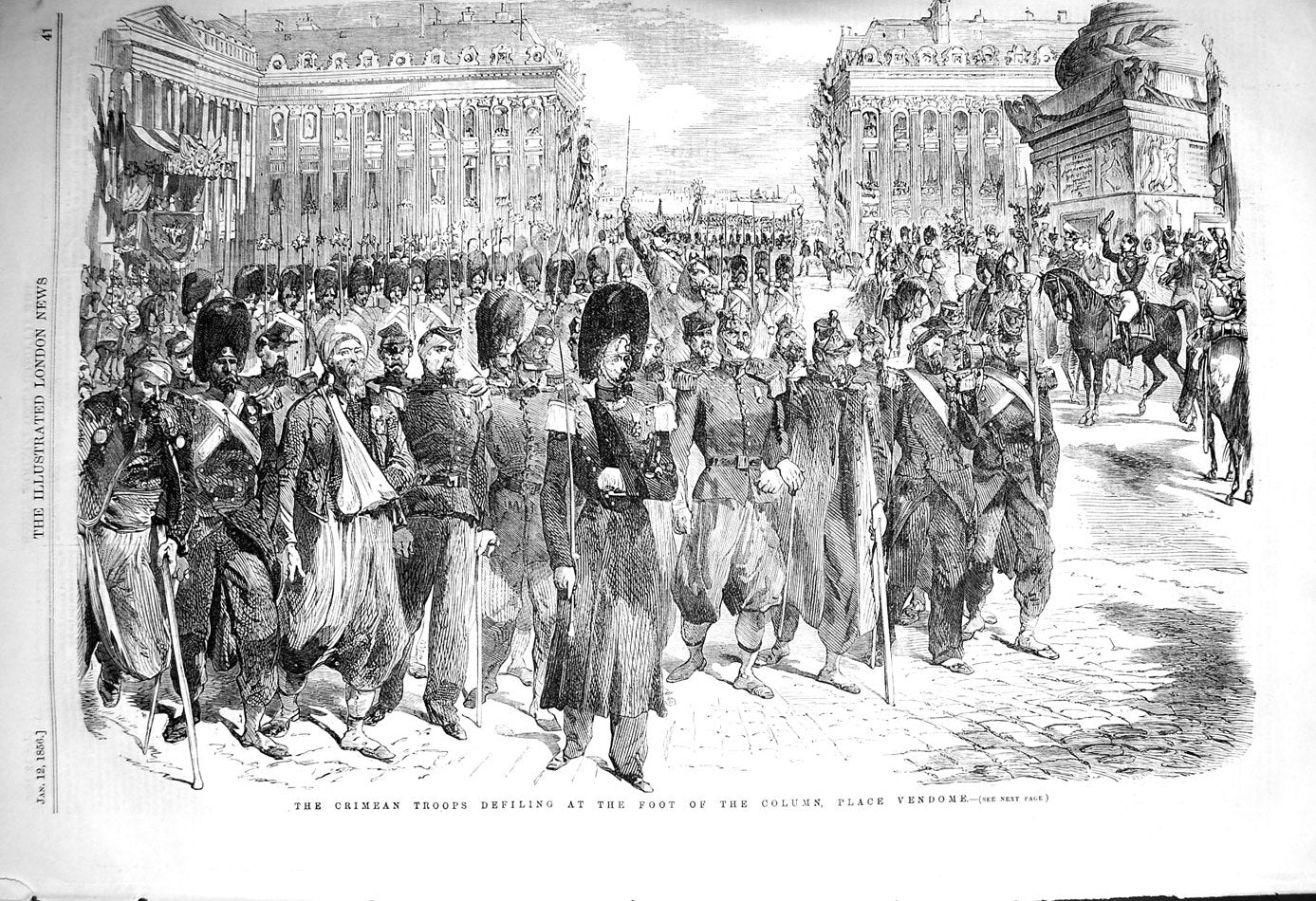 Old Antique Print 1856 Crimean Troops Defiling Column Place Vendome War 19th