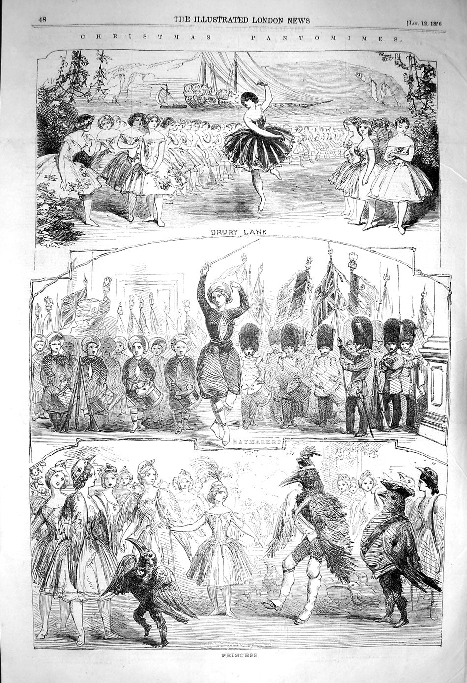 Old Antique Print 1856 Christmas Pantomimes Drury Lane Haymarket Princess 19th
