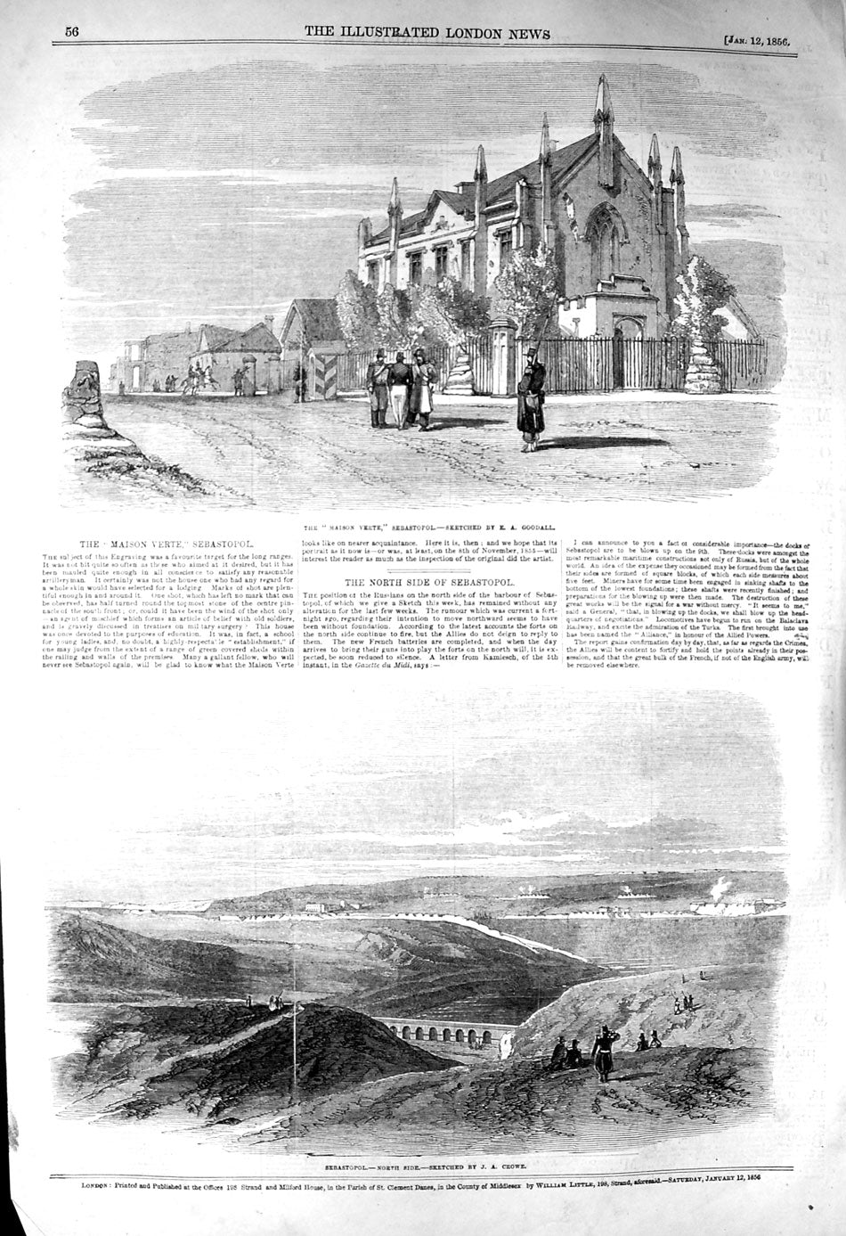 Original Old Antique Print 1856 Maison Verte Sebastopol Viaduct Mountains 19th