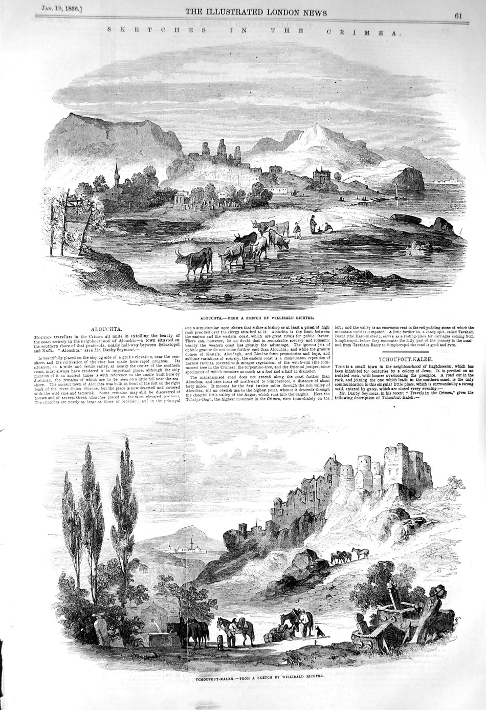 Original Old Antique Print 1856 Crimea Alouchta Tchoufout-Kaleh Bagtc Victorian