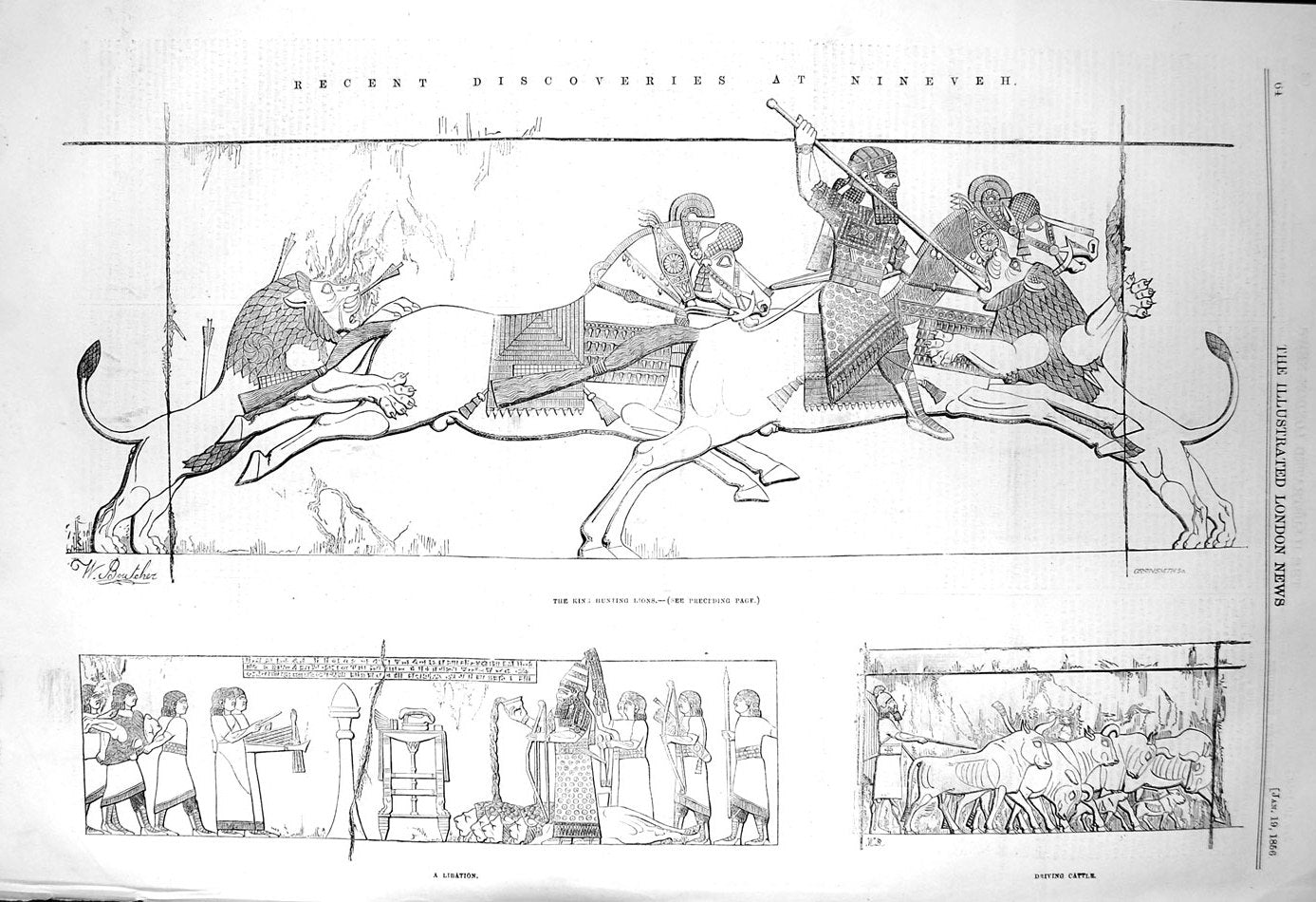 Original Old Antique Print 1856 Archaeology Nineveh King Hunting Lions Cattle
