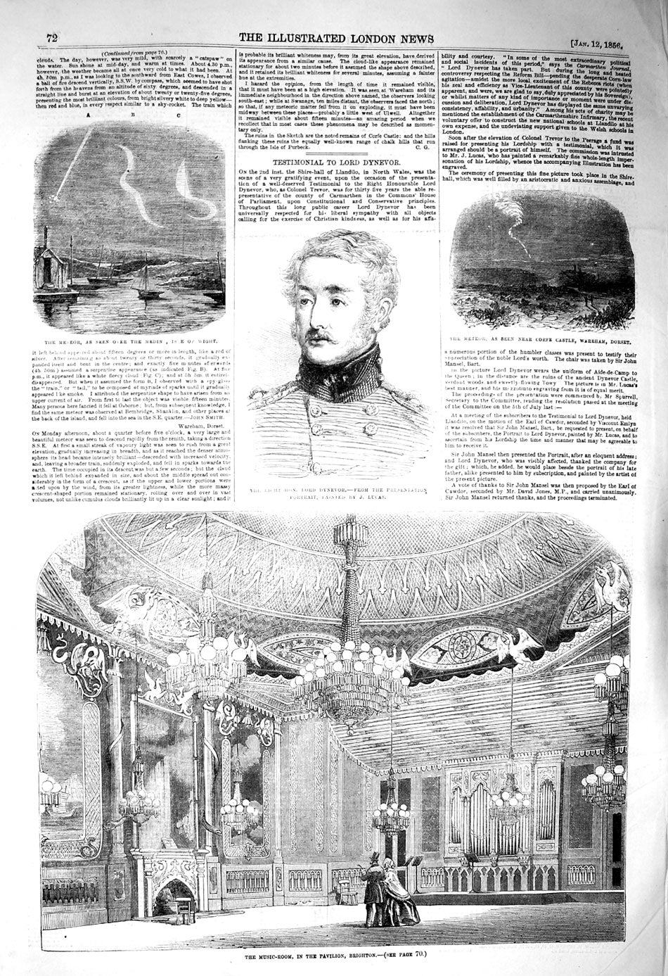 Old Antique Print 1856 Lord Dynevor Meteor Isle Wight Music-Room Brighton 19th