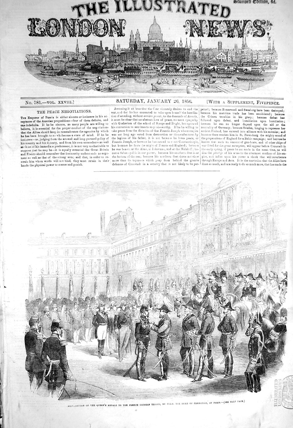 Original Old Antique Print 1856 Queen Medals French Crimea Troops Duke Ca 19th