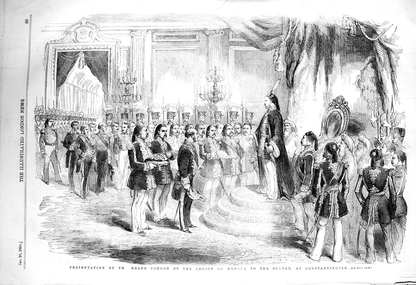 Original Old Antique Print 1856 Presentation Grand Cordon Sultan Constan 19th