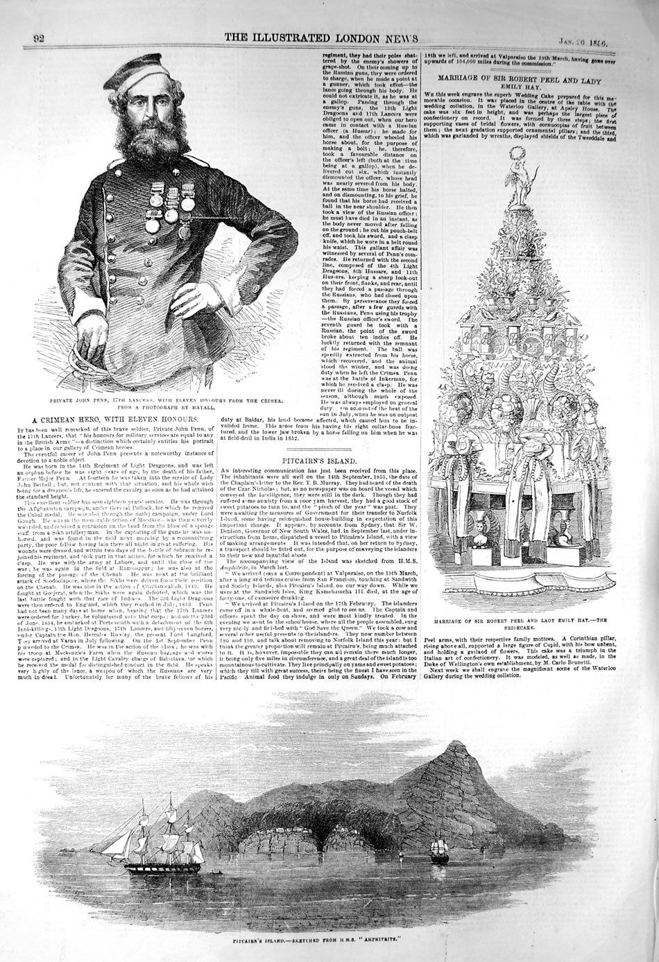 Old Antique Print 1856 John Penn Lancers Pitcairn Island Amphitrite Ship 19th