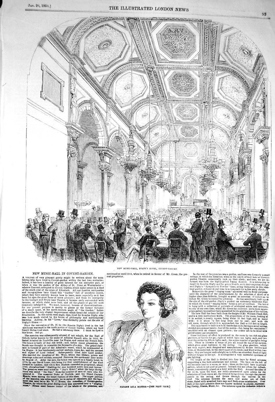 Original Old Antique Print 1856 New Music Hall Evans Hotel Covent Madame Montes