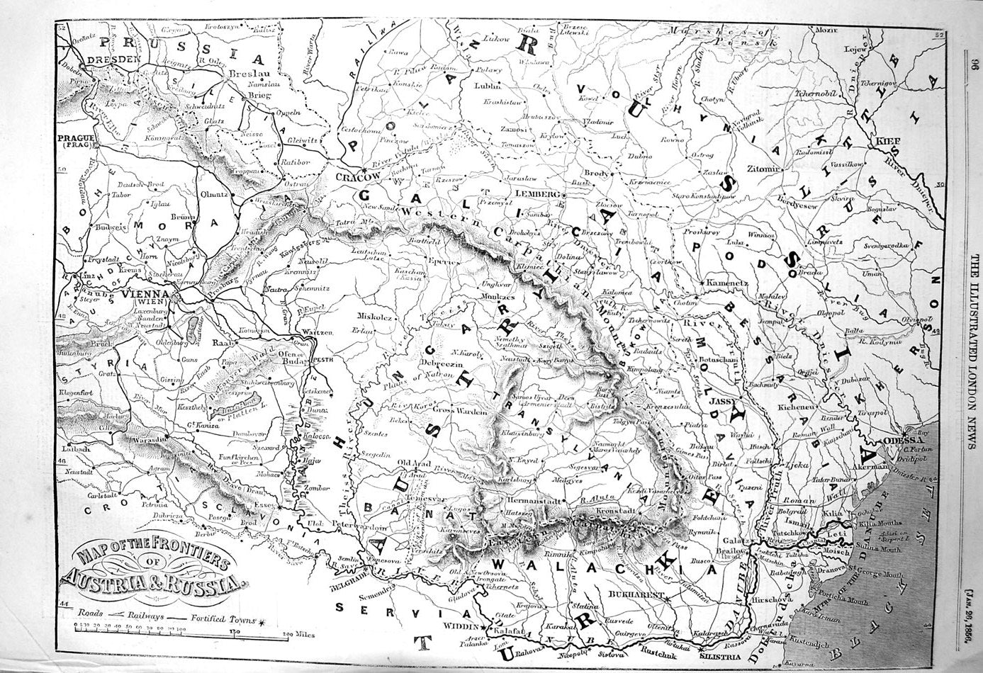 Old Antique Print 1856 Map Frontiers Austria Russia Roads Railways Towns 19th