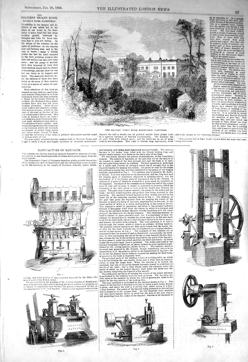 Original Old Antique Print 1856 Siers Infant Home Hampstead Preston'S Machine