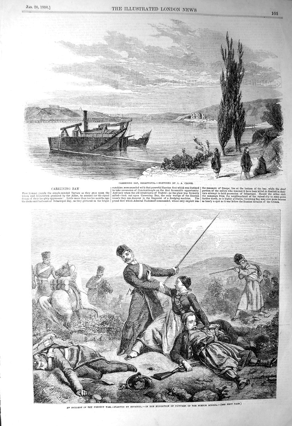 Original Old Antique Print 1856 Careening Bay Sebastopol War Siers Battle Art