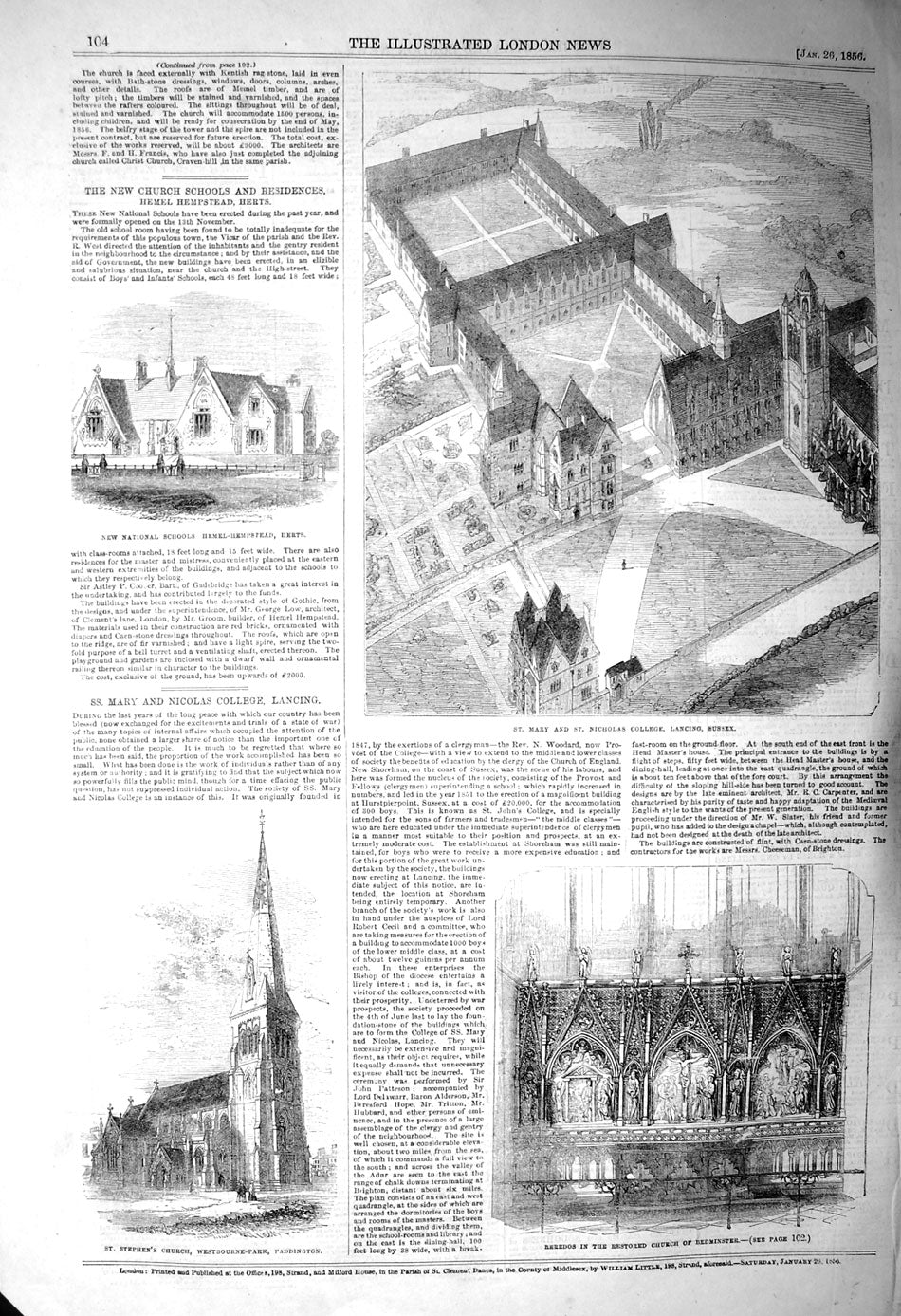 Original Old Antique Print 1856 Mary Nicholas College Lancing School Victorian