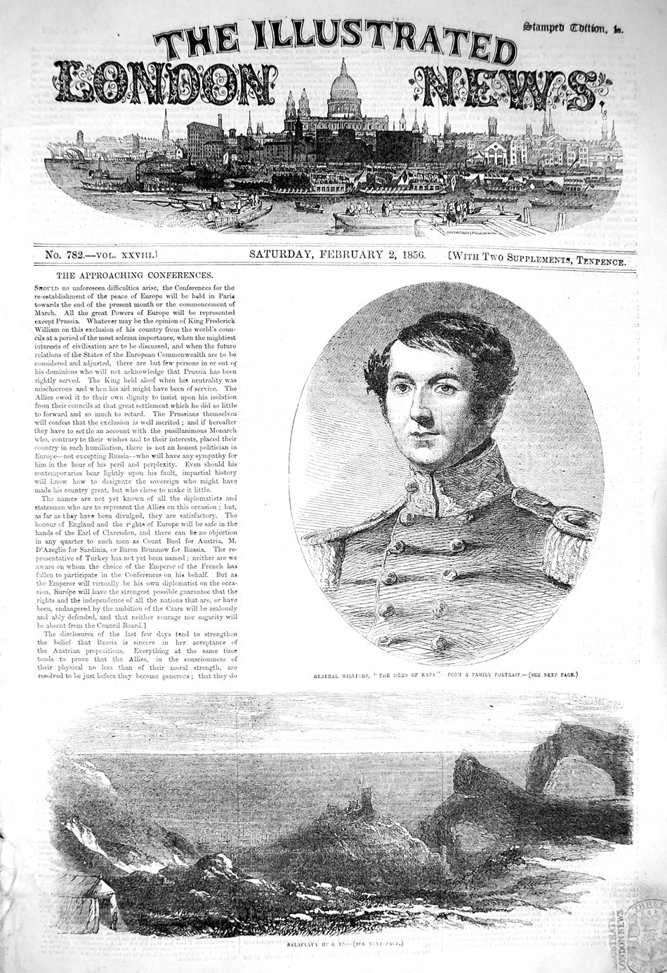Original Old Antique Print 1856 General Williams Kars View Balaclava Heights