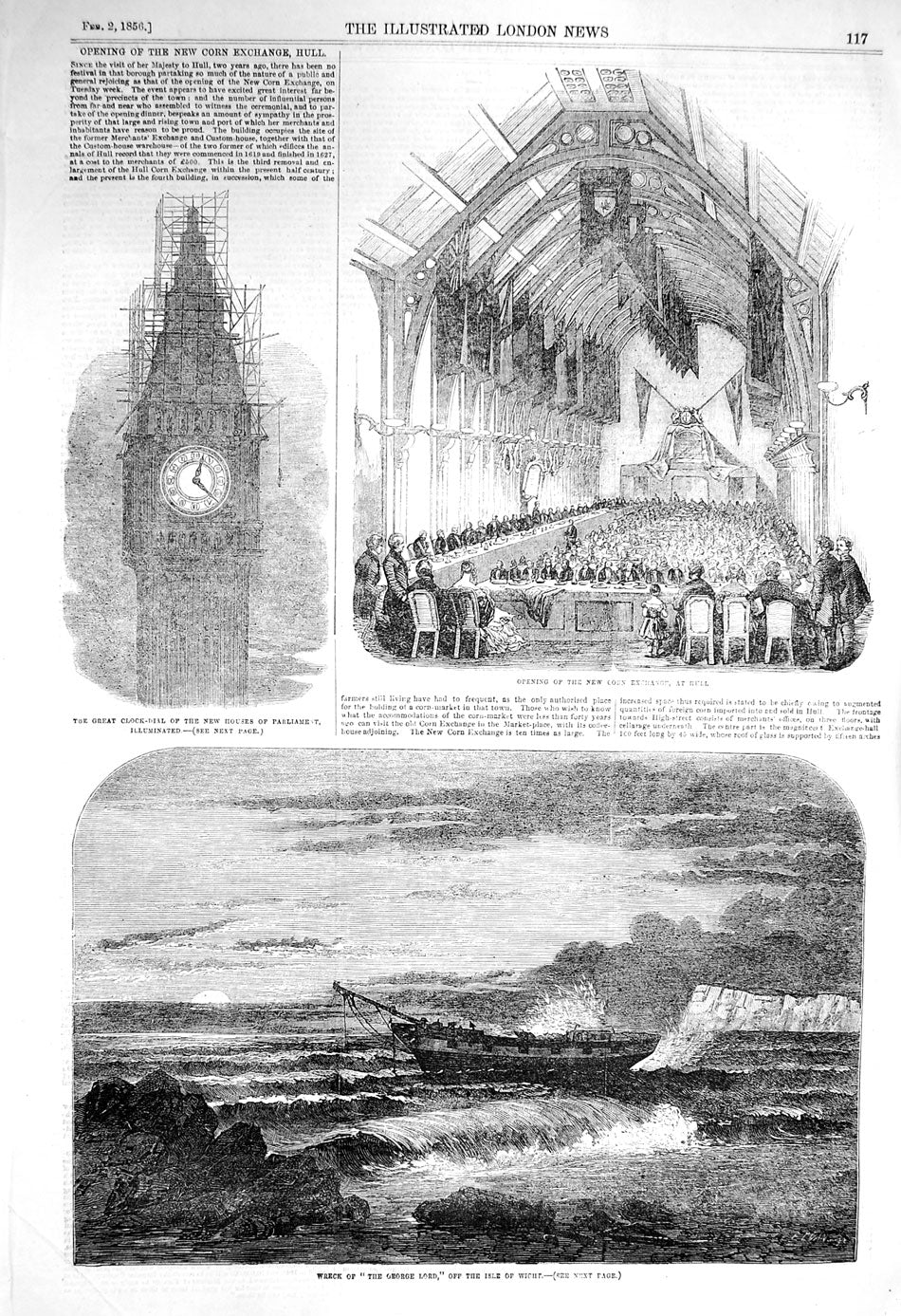 Old Antique Print 1856 Ship Wreck George Lord Isle Wight Clock Parliament 19th