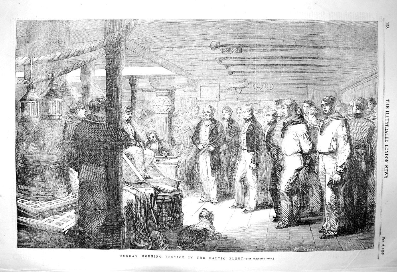 Old Antique Print 1856 Sunday Morning Service Baltic Fleet Ship Navy War 19th