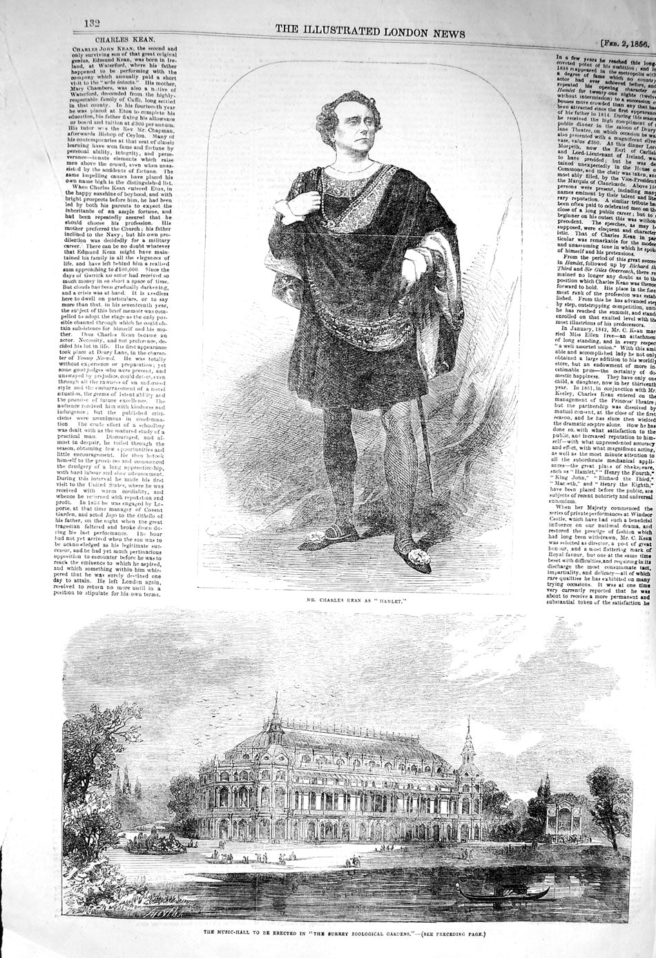 Old Antique Print 1856 Charles Kean Hamlet Music Hall Surrey Zoological 19th
