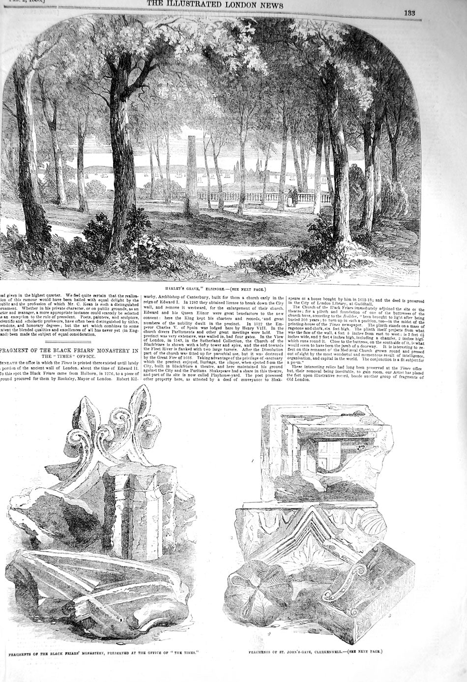 Original Old Antique Print 1856 Hamlet'S Grave Elsinore Monastery Clerkenwell