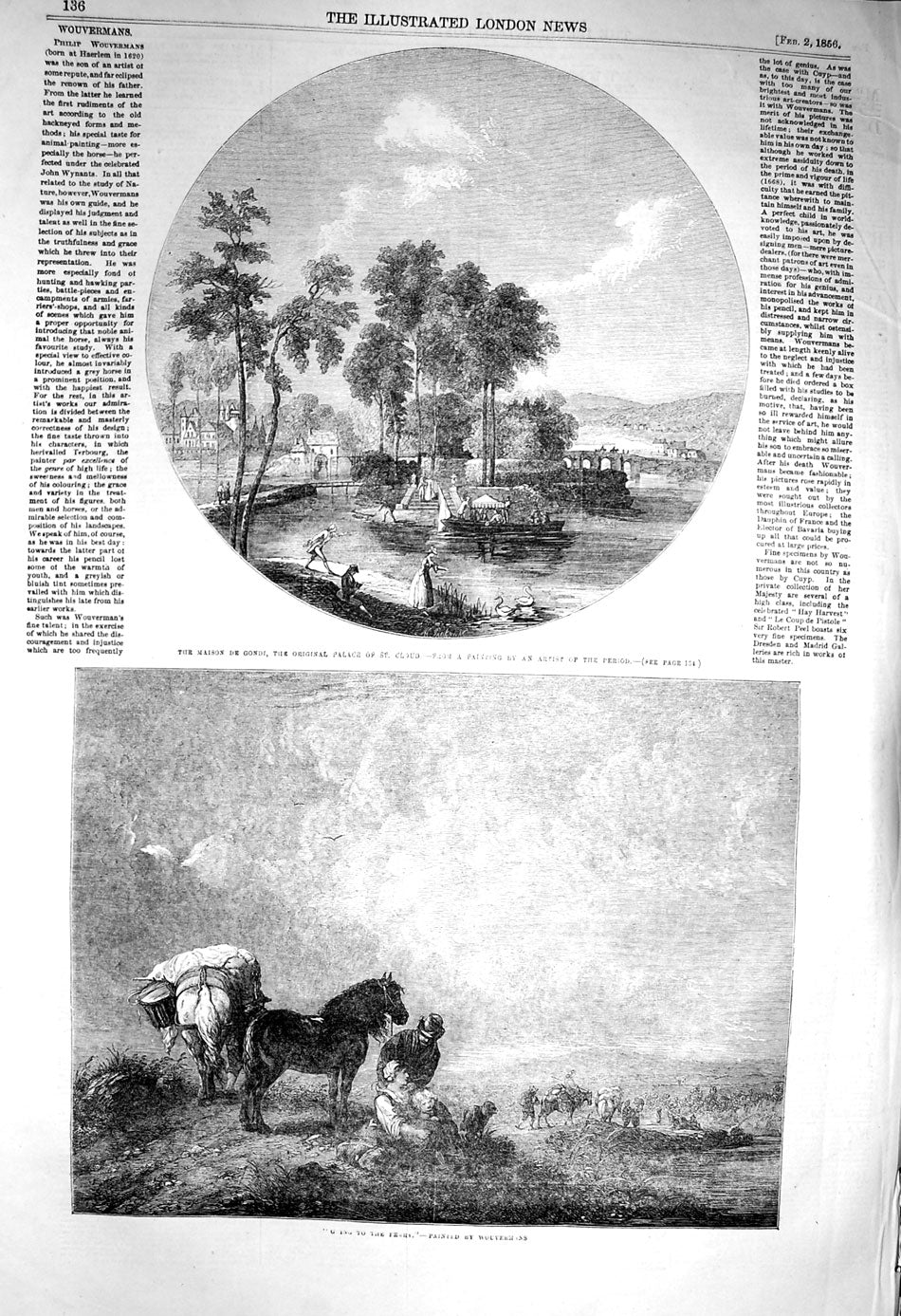 Original Old Antique Print 1856 Maison Gondi Palace Cloud France Horses Country