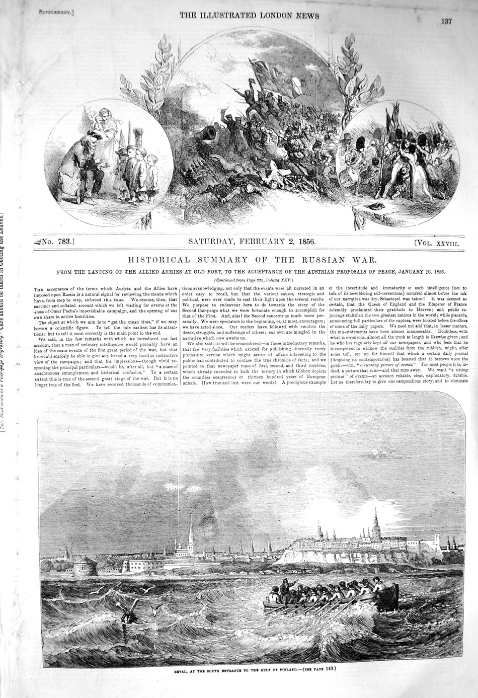 Original Old Antique Print 1856 Reval South Entrance Gulf Finland Sea Boat 19th