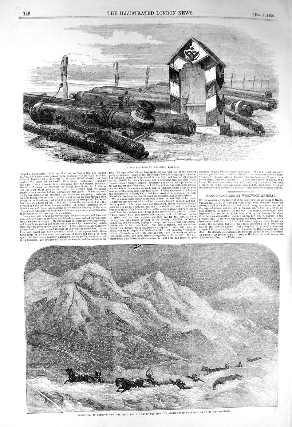 Original Old Antique Print 1856 Hango Woolwich Arsenal Snow Armenia Sandwith
