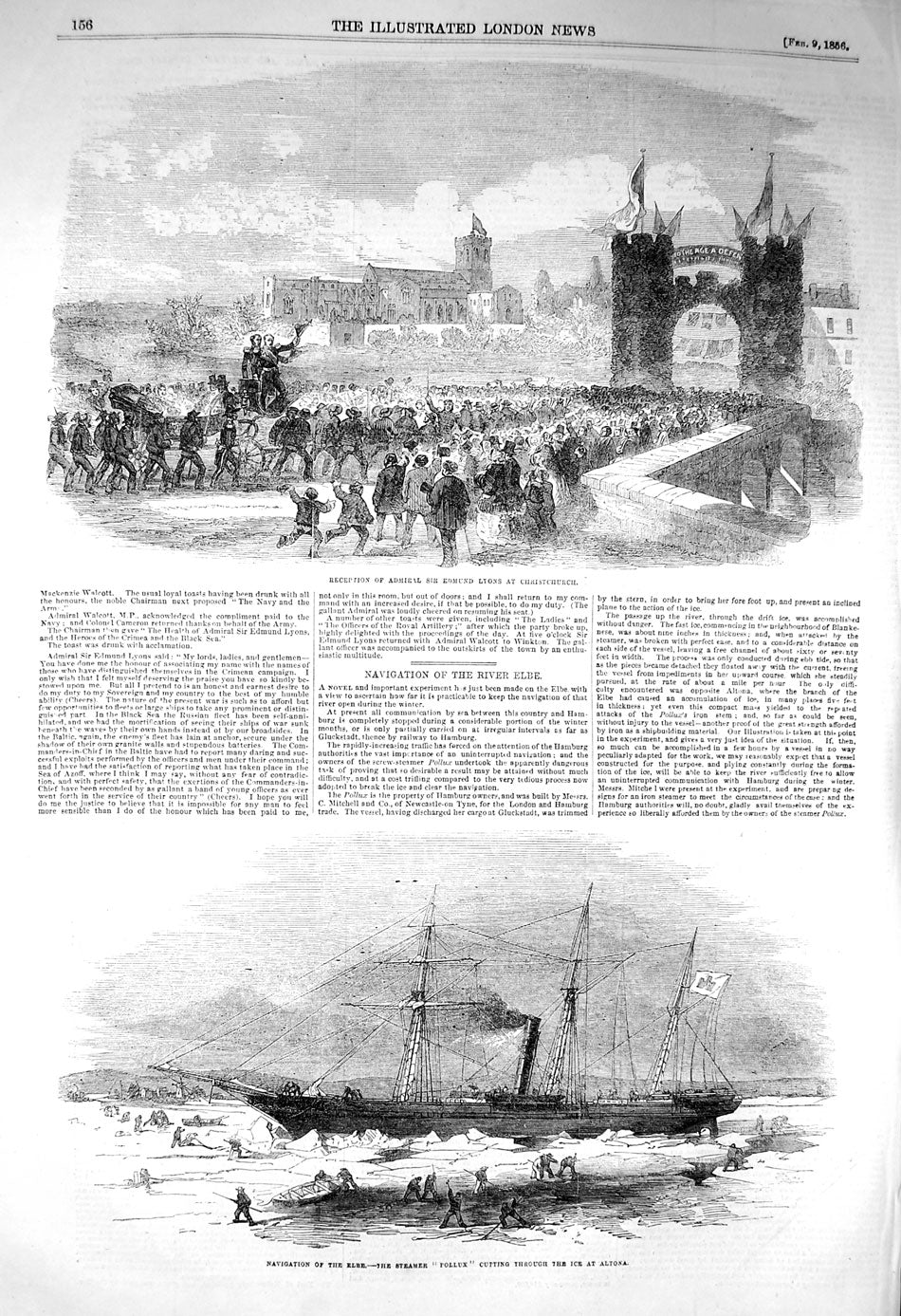 Original Old Antique Print 1856 Adrmiral Edmund Lyons Christchurch Ship Pollux