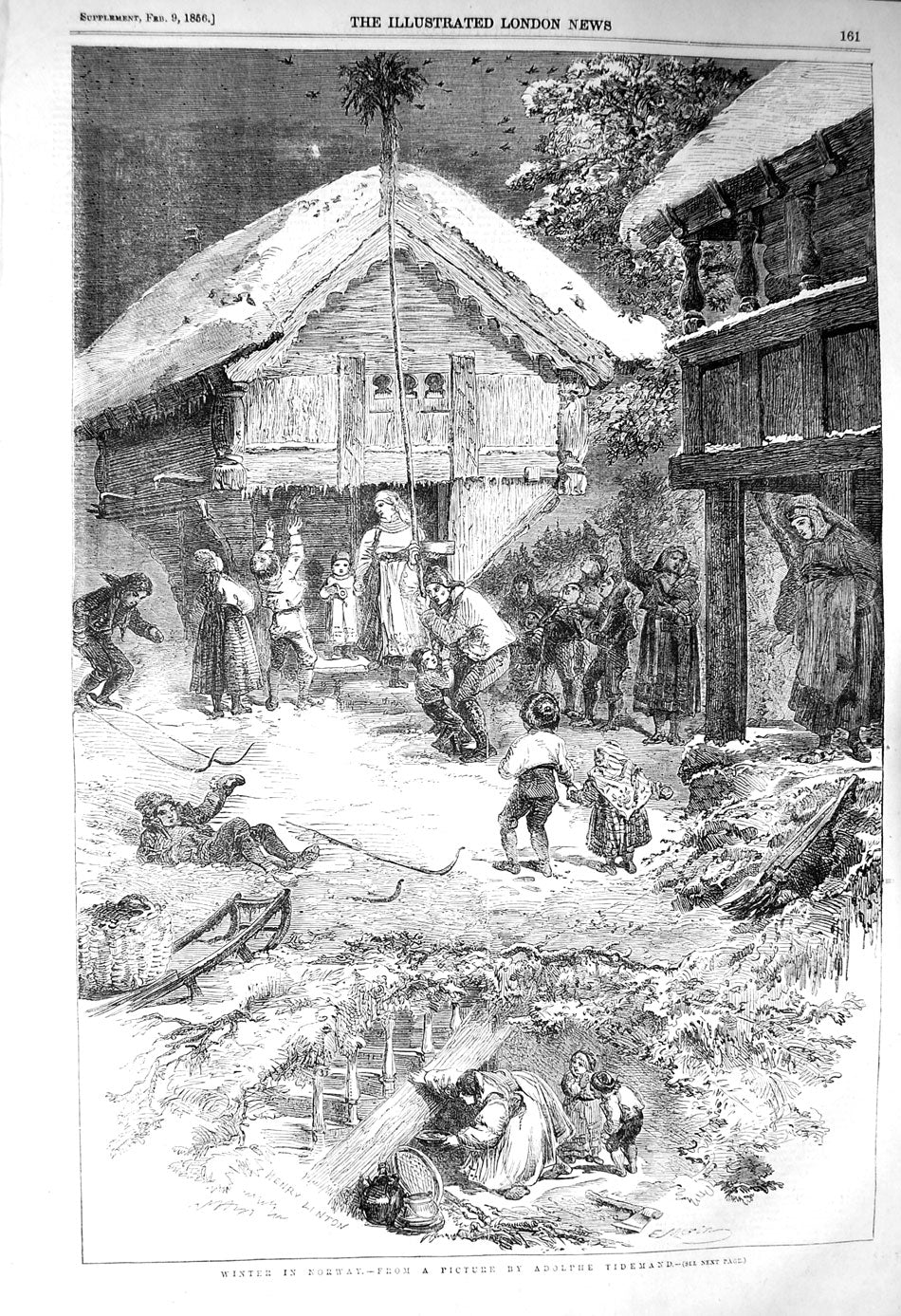 Original Old Antique Print 1856 Winter Scene Norway Family Snow Houses 19th