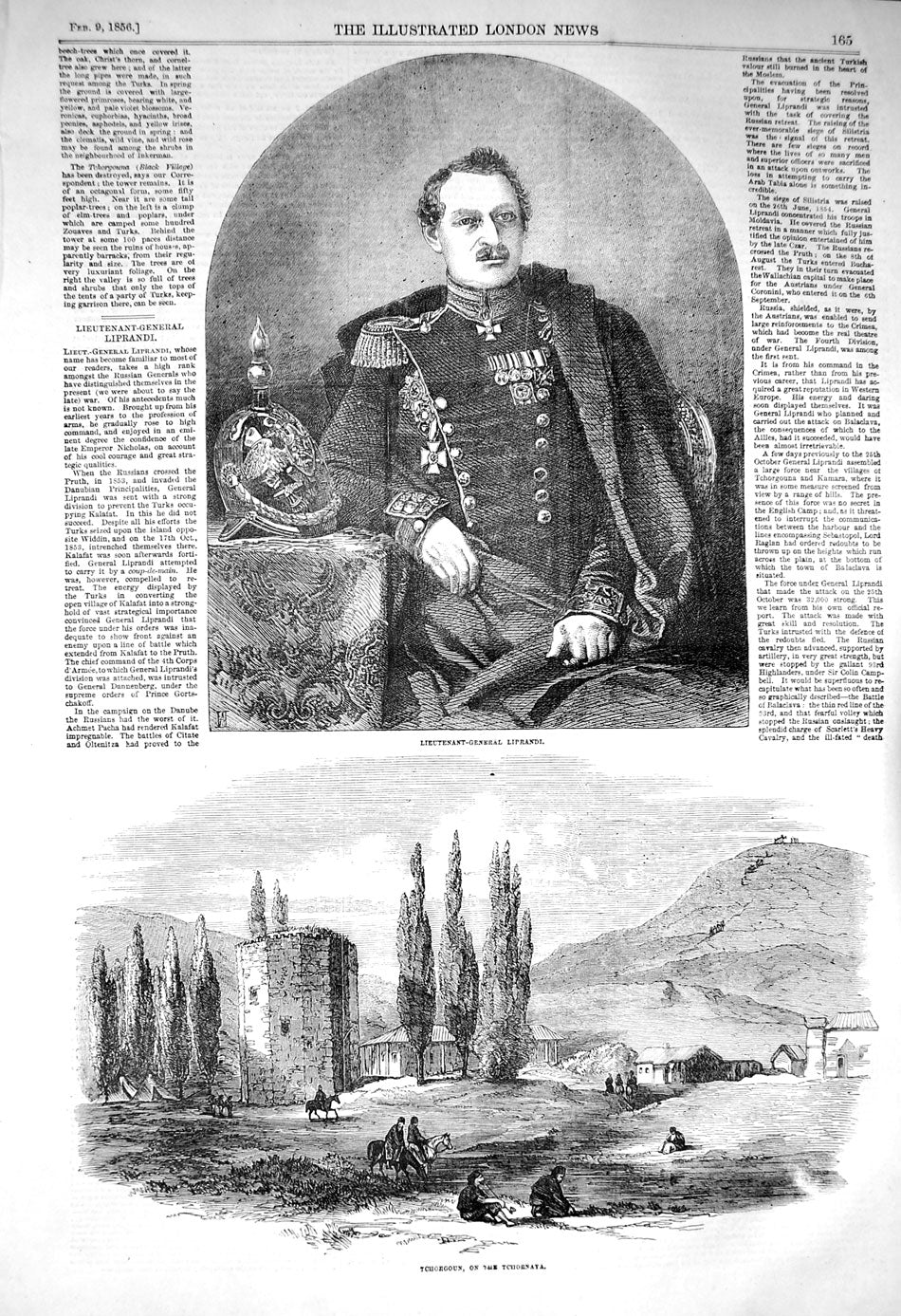 Original Old Antique Print 1856 Lieutenant-General Liprandi Tchorgoun Tchornaya