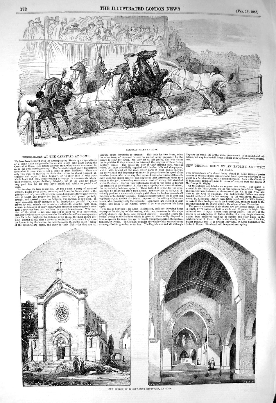 Original Old Antique Print 1856 Carnival Horse Races Rome Church Redentore Rome