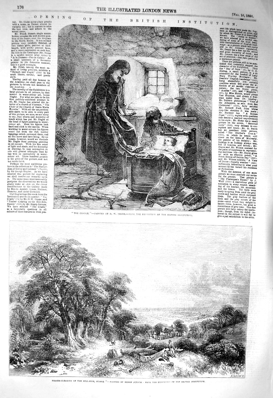 Original Old Antique Print 1856 Baby Cradle Family Timber-Clearing Hill Sussex