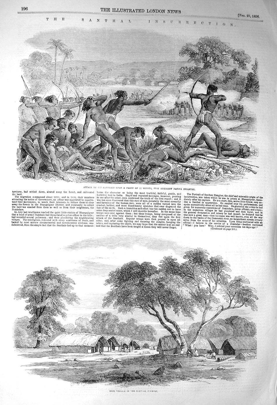 Original Old Antique Print 1856 Santhal Insurrection Siers Seedhoo Maghee 19th