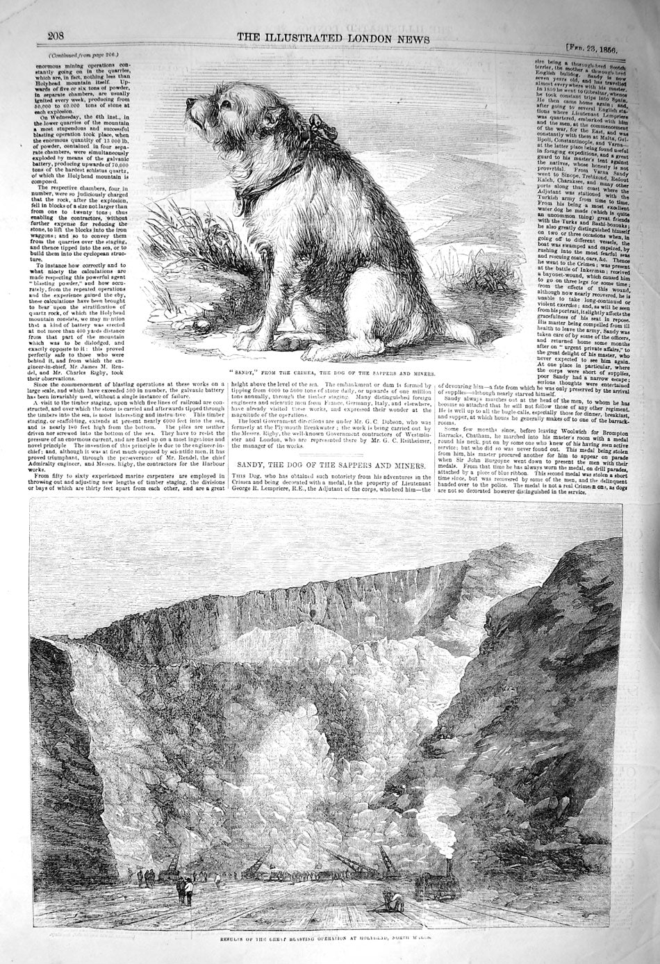 Old Antique Print 1856 Sandy Crimea Dog Sappers Blasting Holyhead Wales 19th