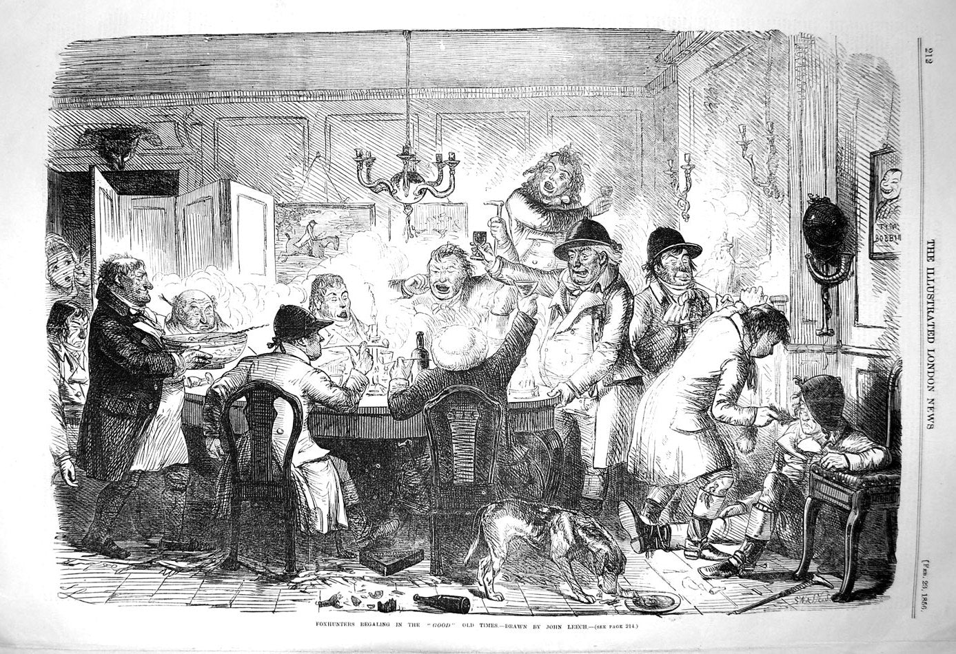 Original Old Antique Print 1856 Foxhunters Regaling Party Celebration Huntsmen