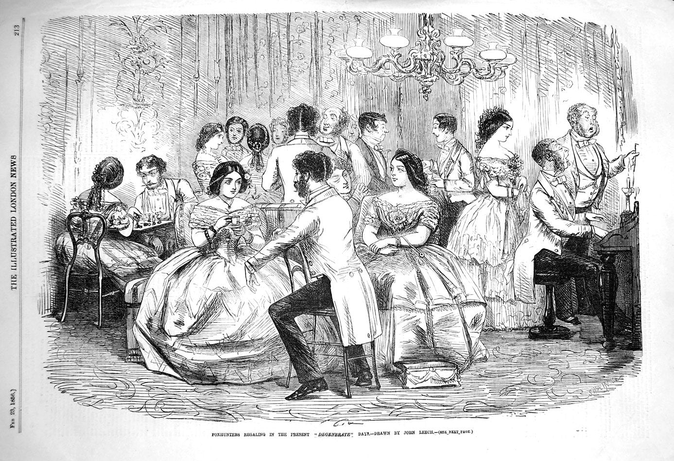 Original Old Antique Print 1856 Foxhunters Regaling Degenerate Days Romance