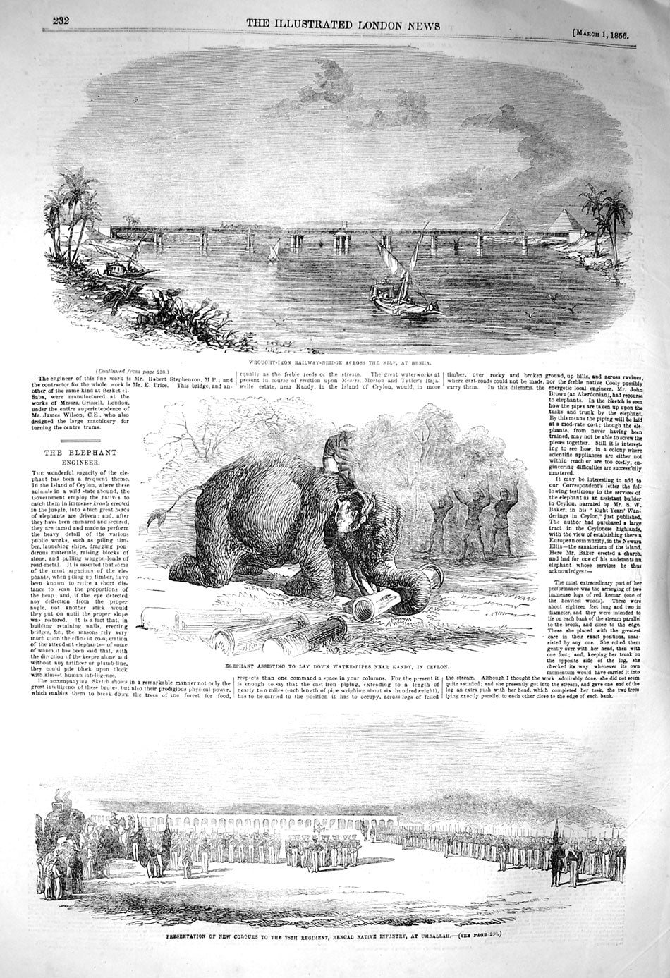 Original Old Antique Print 1856 Wrought-Iron Railway Nile Benha Elephant U 19th