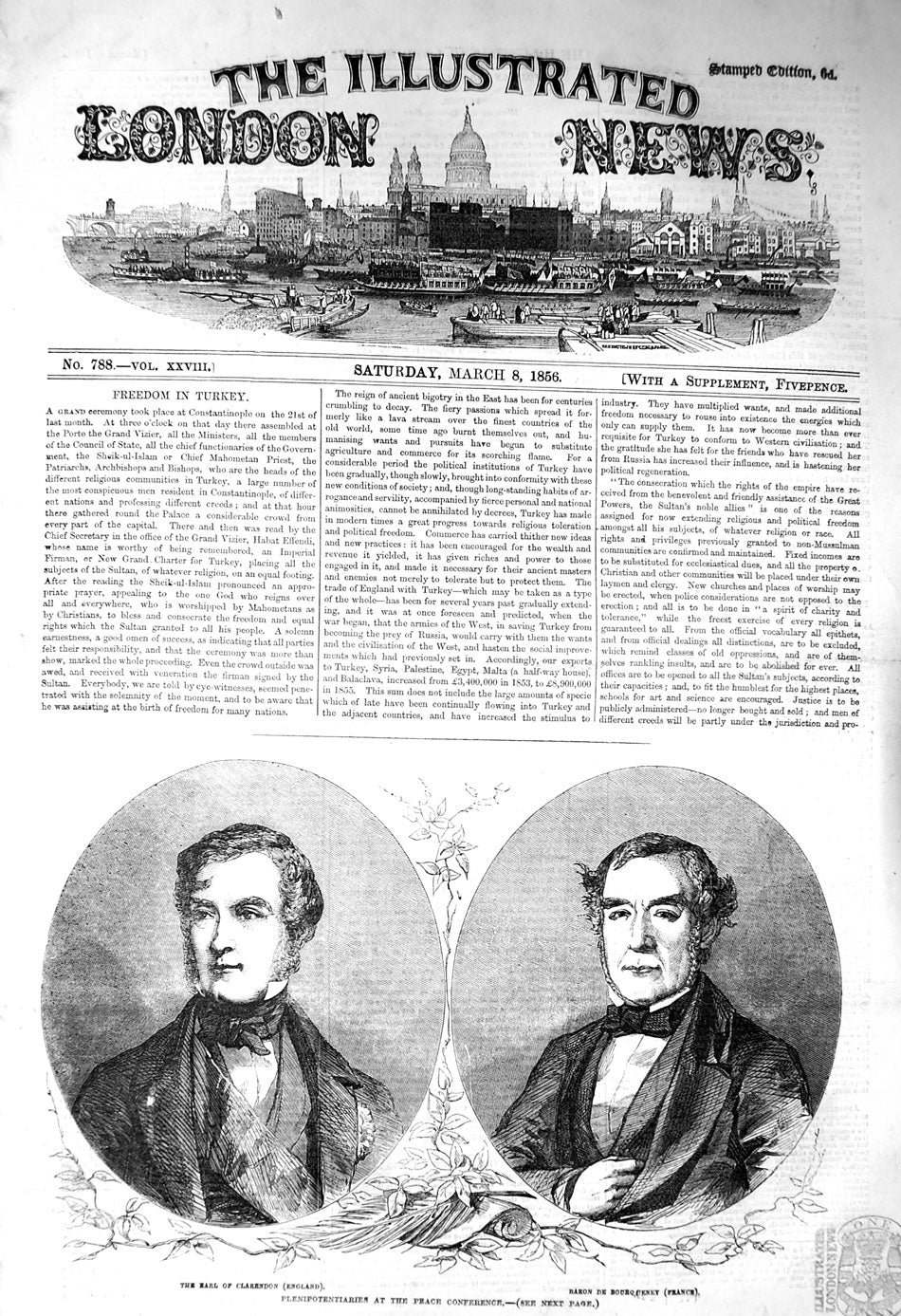 Original Old Antique Print 1856 Earl Clarendon Baron Borqueney Peace Conference