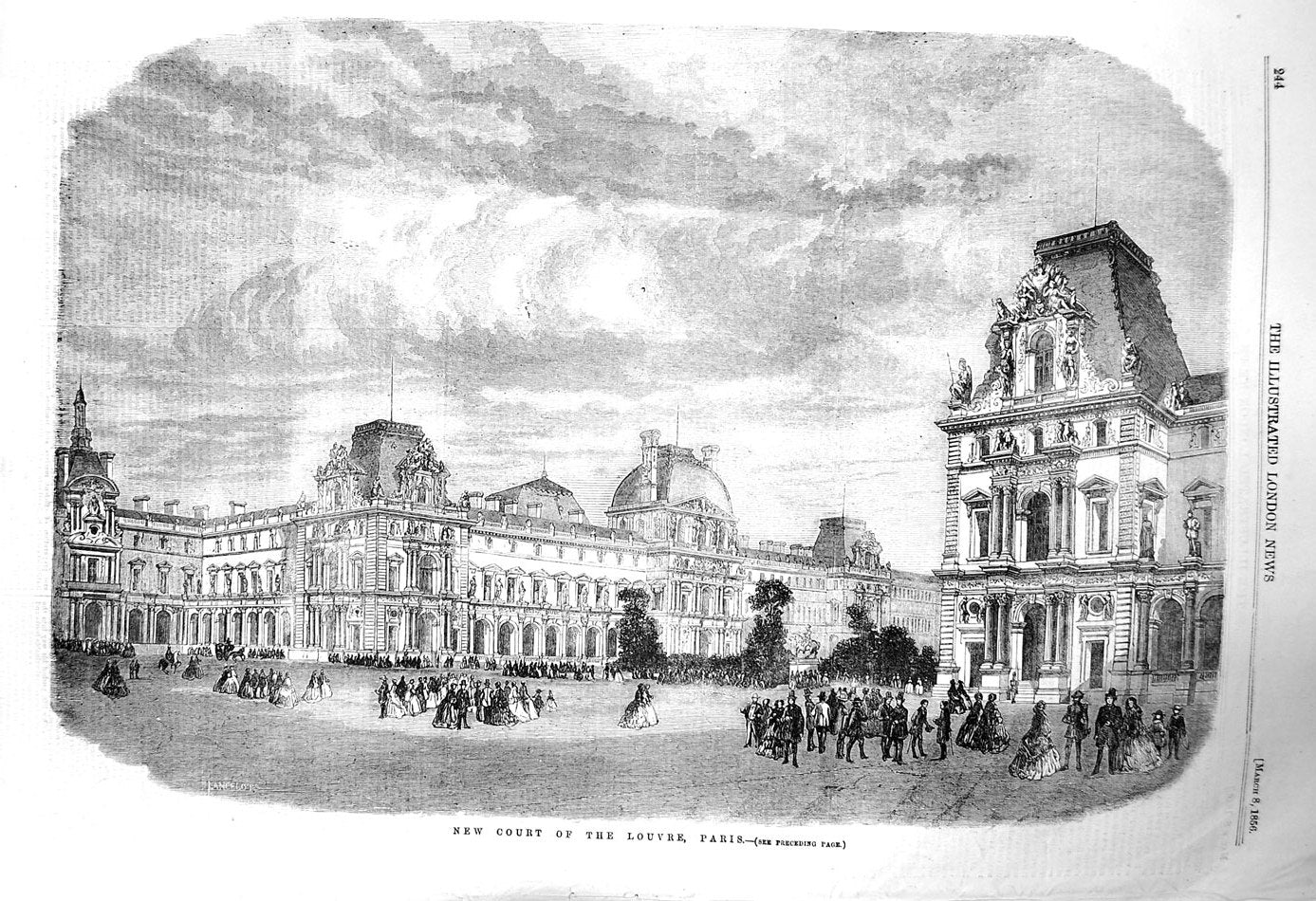 Original Old Antique Print 1856 New Court Louvre Paris France Archi Victorian