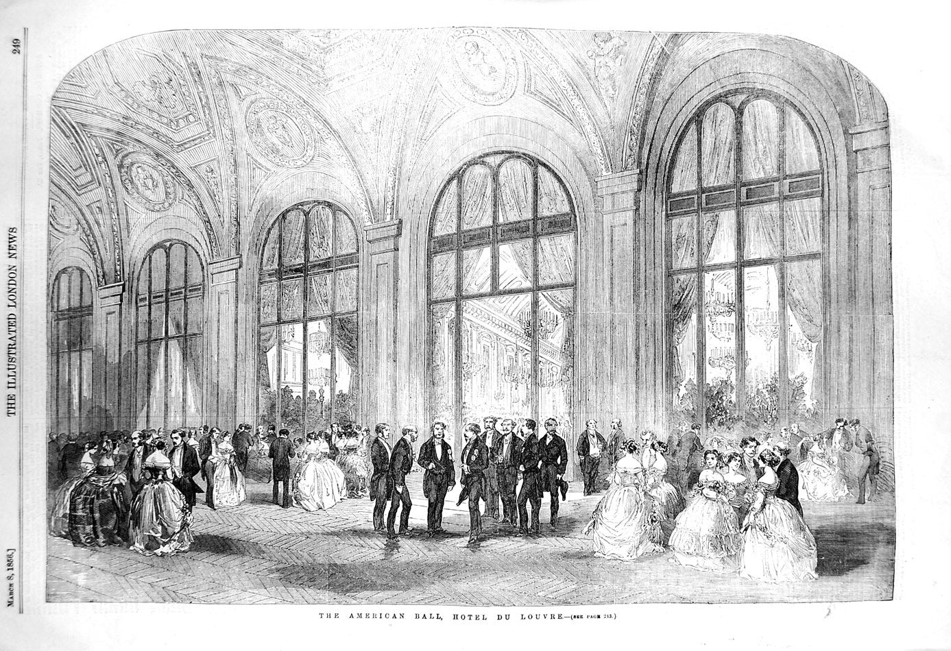 Original Old Antique Print 1856 American Ball Hotel Du Louvre Paris France 19th