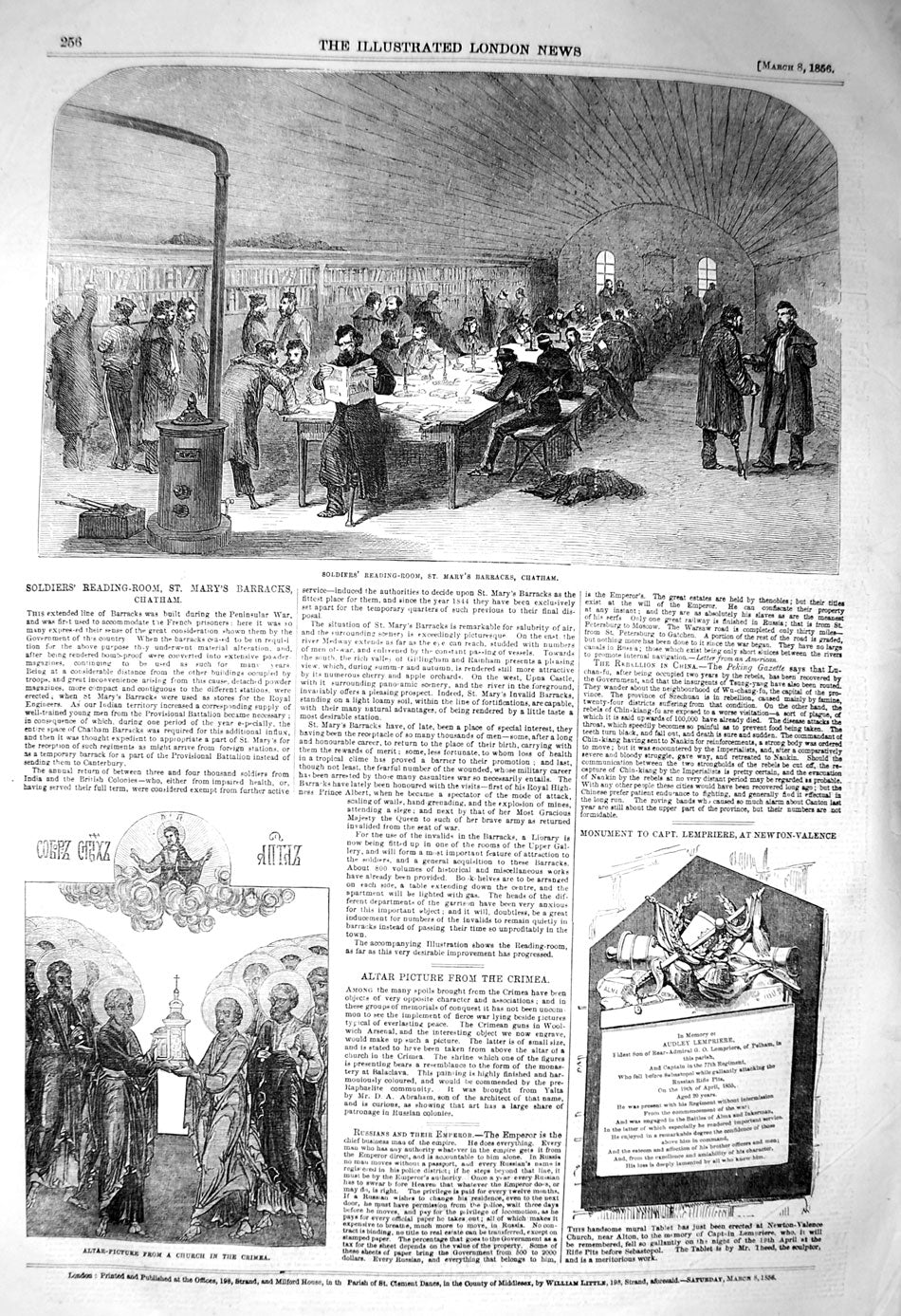 Original Old Antique Print 1856 Siers Reading Mary'S Barracks Chatham Victorian