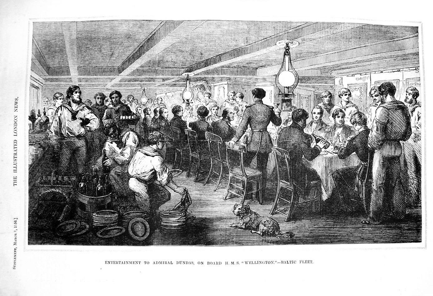 Original Old Antique Print 1856 Entertainment Admiral Dundas Ship Wellington
