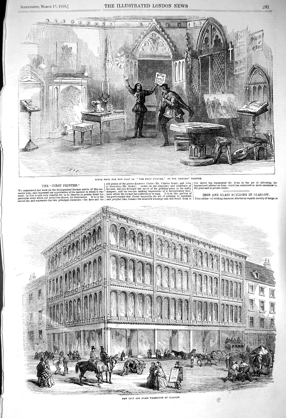 Original Old Antique Print 1856 Princess Theatre Iron Glass Warehouse Glasgow