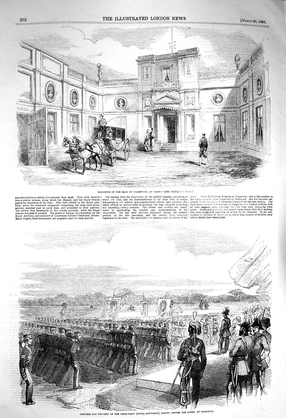 Old Antique Print 1856 Earl Clarendon Paris Officers Army Queen Woolwich 19th